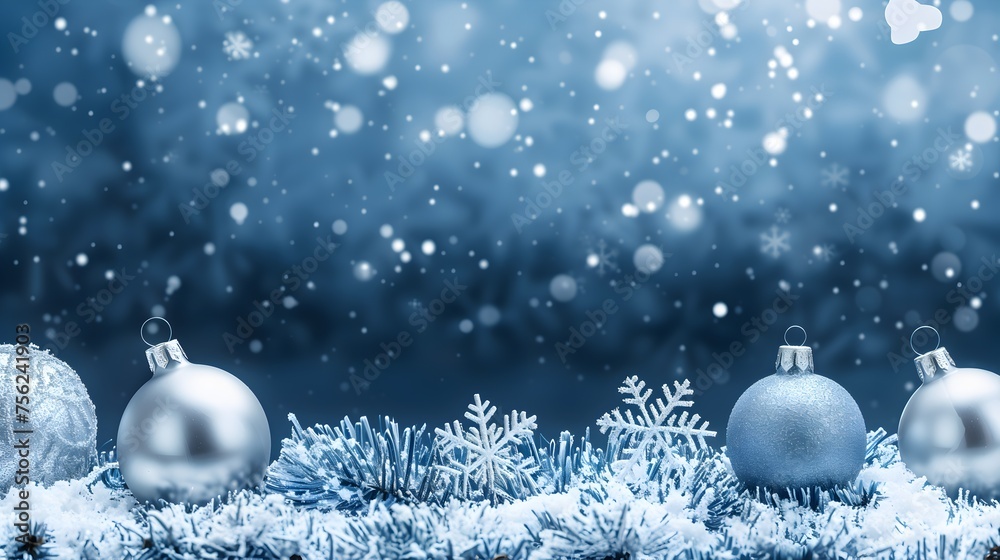 Blue Background with Christmas Ornaments And Snowflakes on the Bottom Blue Background with Christmas Ornaments And Snowflakes on the Bottom