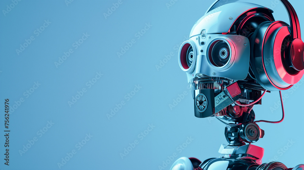 A robot with a pair of headphones on its head A robot with a pair of headphones on its head