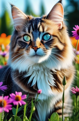 cat in field of flowers, realistic, vivid colors