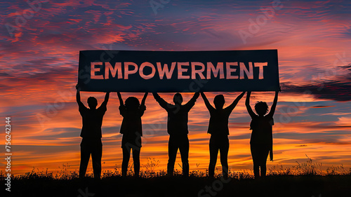 Silhouette of people holding up motivational sign that says Empowerment