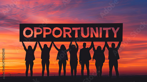 Silhouette of people holding up motivational sign that says Opportunity