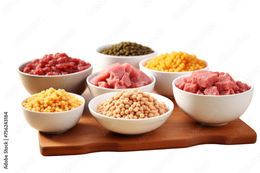 Various forms of agricultural protein such as cubes, minced pork and minced chicken are placed in bowls and lined up on wooden tables. Highlighted variety isolated on transparent background. Various forms of agricultural protein such as cubes, minced pork and minced chicken are placed in bowls and lined up on wooden tables. Highlighted variety isolated on transparent background.