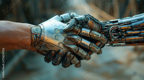 A closeup of two hands shaking, one robot and the other robotlike human in design, this scene conveys unity between man's hand and machine for a futuristic concept