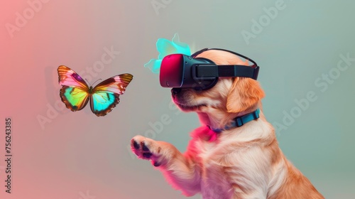 A golden retriever puppy, adorned with a VR headset, reaches out to a vivid butterfly, blending playfulness with digital exploration. © Oksana Smyshliaeva