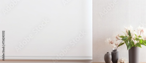 Stylish roller blinds on white marble table, close-up. Space for text