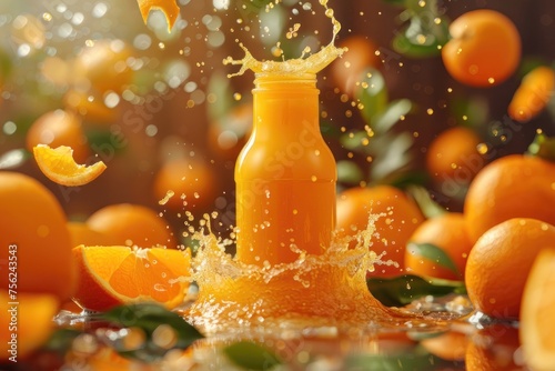 A bottle of orange juice is splashing in a field of oranges. The scene is bright and cheerful  with the sun shining down on the fruit and the juice. Concept of freshness and vitality