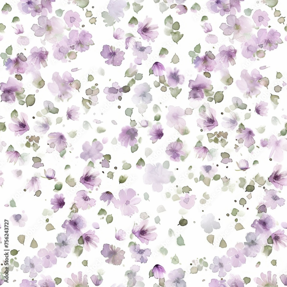 A whimsical watercolor pattern scattered with dreamy pastel lilac flowers and soft green leaves, perfect for delicate design projects and spring themes.