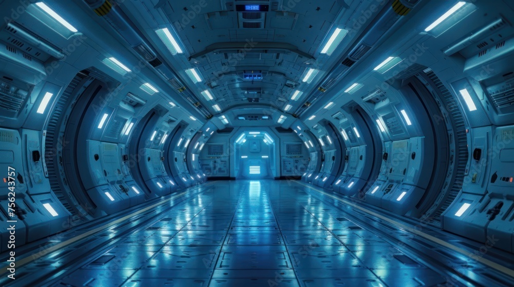 Interior Design. futuristic interior empty spaceship corridor with glowing blue light background, architecture, abstract sci-fi background or science concept