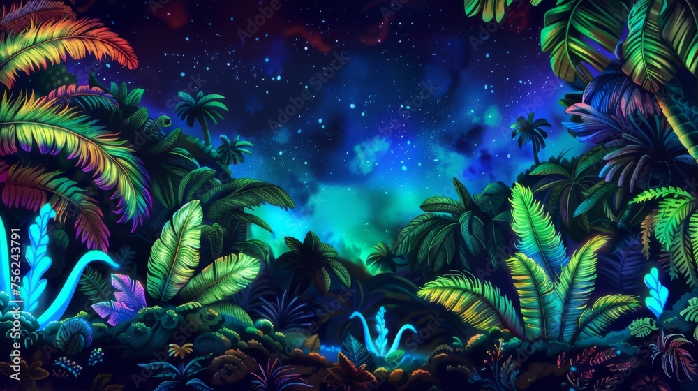 A tropical jungle under the enchanting glow of a space nebula, showcasing a spectacular display of colors and starlight.