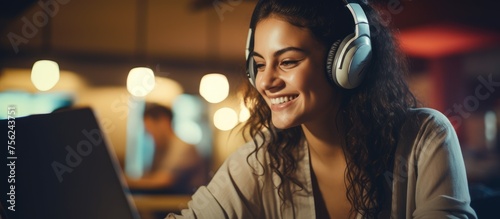 A happy woman wearing headphones is smiling while using a laptop computer to enjoy entertainment from her favorite music artist. Fun event with audio equipment photo