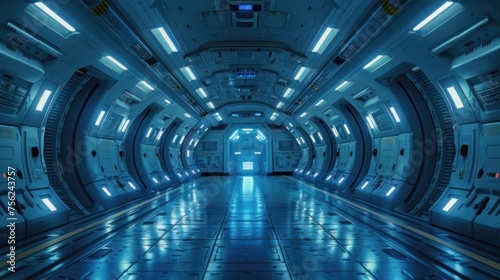 Interior Design. futuristic interior empty spaceship corridor with glowing blue light background, architecture, abstract sci-fi background or science concept