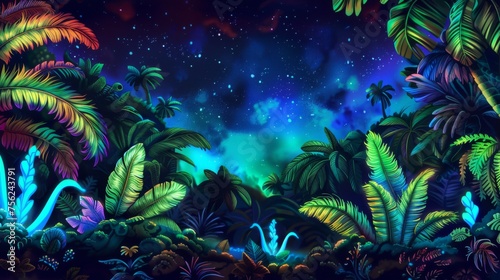 A tropical jungle under the enchanting glow of a space nebula, showcasing a spectacular display of colors and starlight.