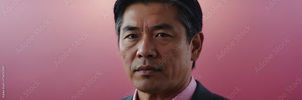 Fototapeta premium Portrait of asian businessman on pink abstract tech concept background, banner template background mockup illustration from Generative AI