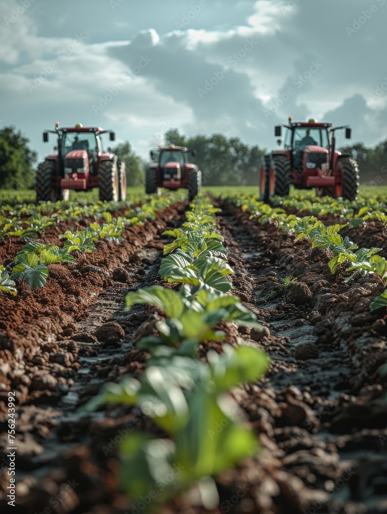 Two Tractors Driving Through a Field of Lettuce Two Tractors Driving Through a Field of Lettuce