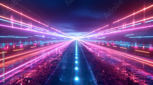 Internet. futuristic highway in city at night with bright blue and purple neon light background, high speed technology line with dynamic light effect, internet network concept