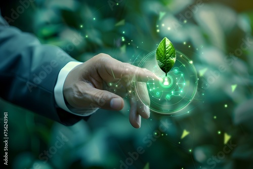 business people hand is pointing at green leaf in green background. Concept of growth and vitality, as the leaf is symbol of life and nature, digital technology agriculture, smart farming concept