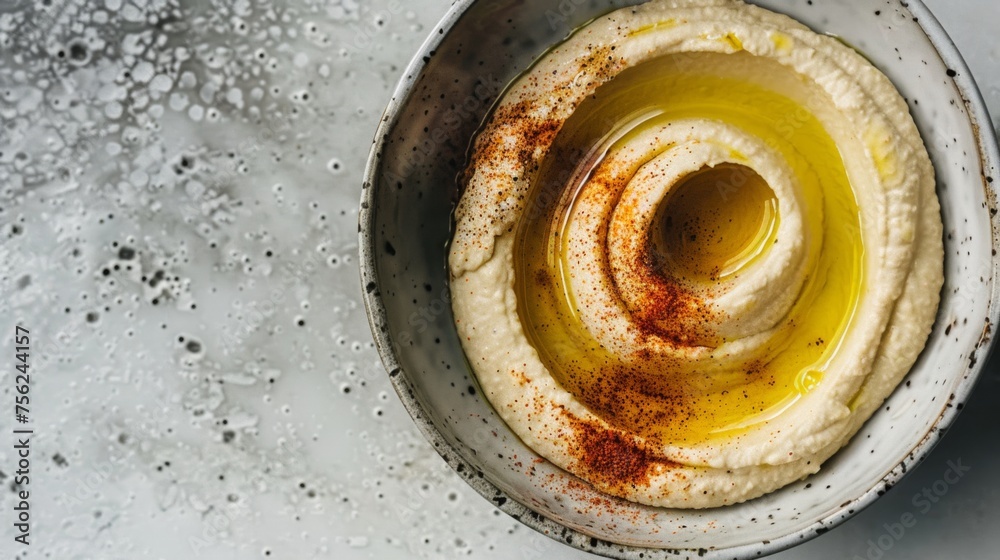 Velvety garleek hummus adorned with a swirl of olive oil and dusting of spices, served in a ceramic bowl on a speckled countertop. Velvety garleek hummus adorned with a swirl of olive oil and dusting of spices, served in a ceramic bowl on a speckled countertop.