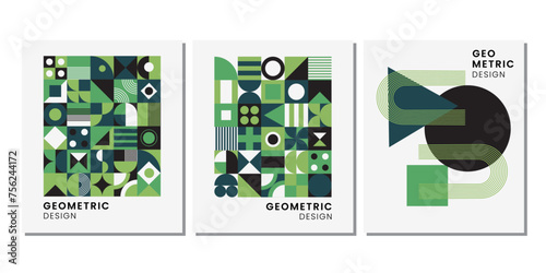 Geometric poster set in geometric style. Abstract geometric pattern background, vector circle, triangle, and square lines color art design.