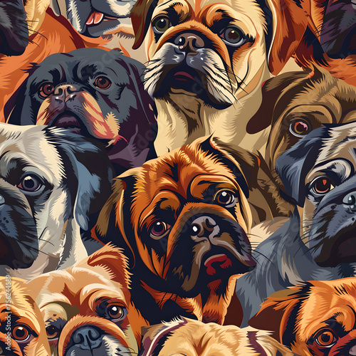 Vibrant Pug Mosaic, Expressive Canine Faces, Generative AI