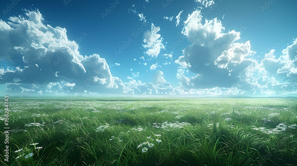 Obraz premium Serene meadow under expansive blue sky with fluffy clouds. peaceful nature landscape ideal for background or wallpaper. tranquility concept. AI