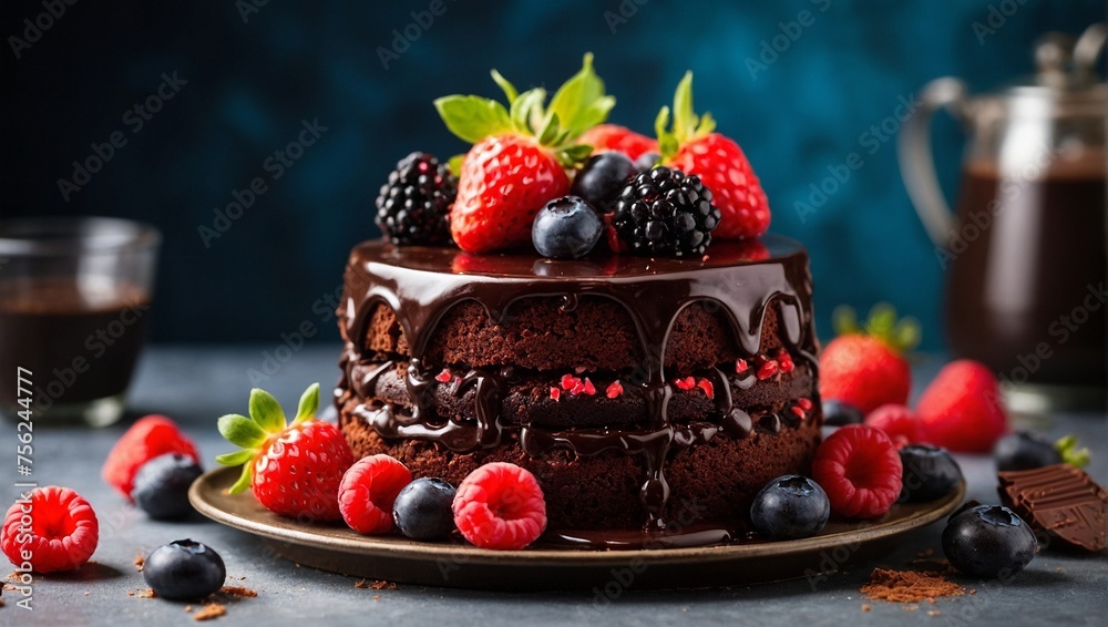 Chocolate cake with fresh berries on dark background.