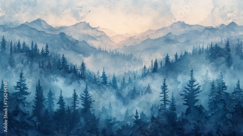 Soft Misty Forest Scene Watercolor Painting Generative AI © Alex