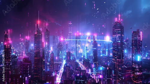 cityscape with space and neon light effect. Modern hi-tech  science  futuristic technology concept. Abstract digital high tech city design for banner background