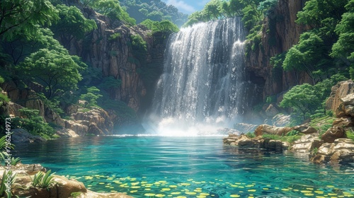 Majestic Waterfall Illustration with Lush Foliage Generative AI
