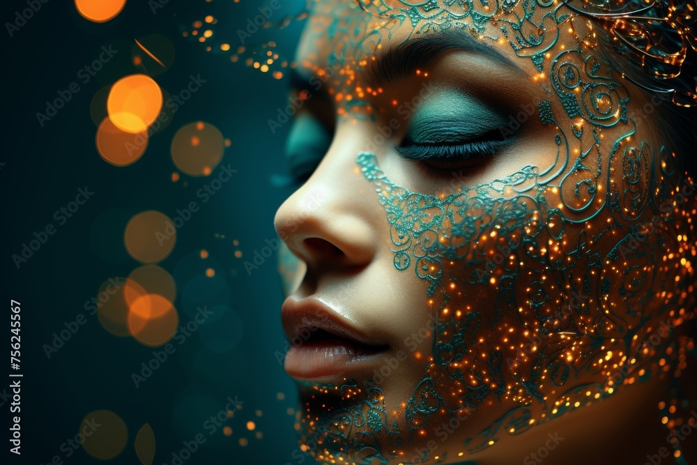 Portrait of person with glowing brain implant, holographic code, wires, and scars on dark background Portrait of person with glowing brain implant, holographic code, wires, and scars on dark background