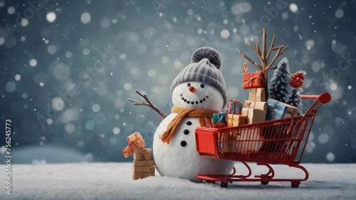 snowman with a cart full of guft boxes photo