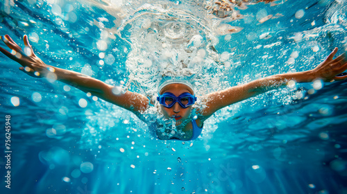 A female swimmer underwater during a swim.