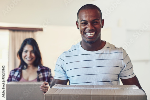 Moving, box or portrait of happy couple in dream home for property, sale or invest success. Real estate, mortgage or face of excited people in new house smile for loan, ownership or housing milestone