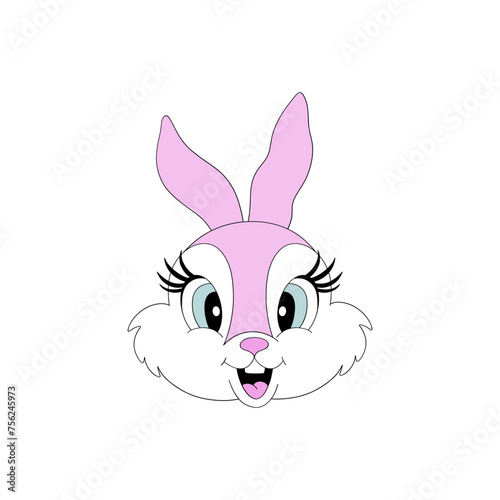 Cute cartoon pink Easter bunny girl portrait vector illustration isolated on white. Hand drawn line art happy Easter holiday print poster postcard themed graphics. 