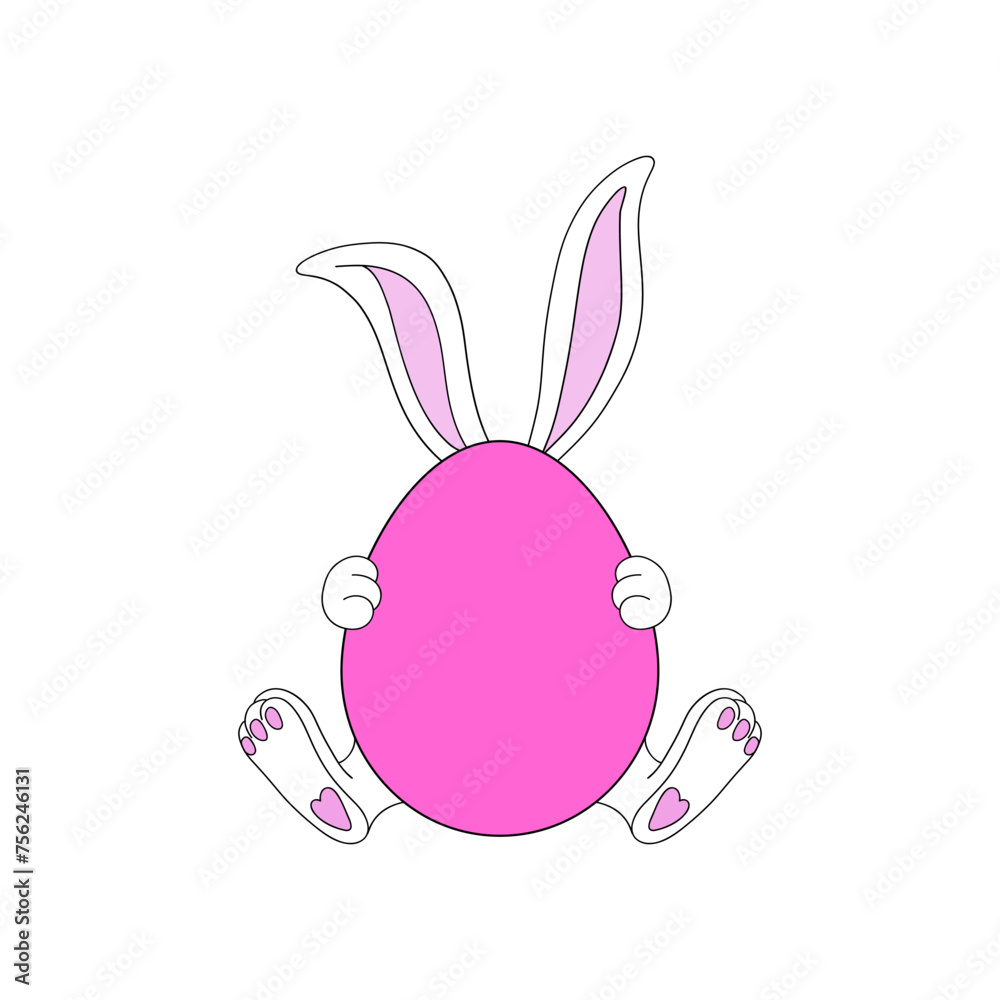 Cute cartoon Easter bunny ears and paws behind pink egg vector illustration isolated on white. Hand drawn line art happy Easter holiday print poster postcard themed graphics. Cute cartoon Easter bunny ears and paws behind pink egg vector illustration isolated on white. Hand drawn line art happy Easter holiday print poster postcard themed graphics.