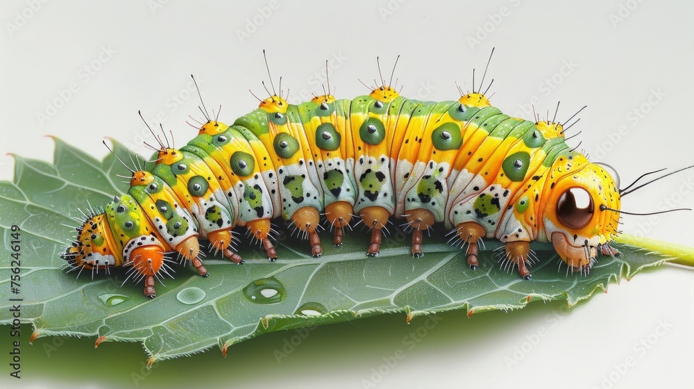 Caterpillar Illustration on Leaf with White Background Generative AI Caterpillar Illustration on Leaf with White Background Generative AI