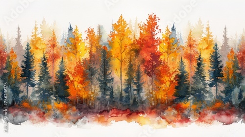 Vibrant Watercolor Autumn Forest Illustration Generative AI