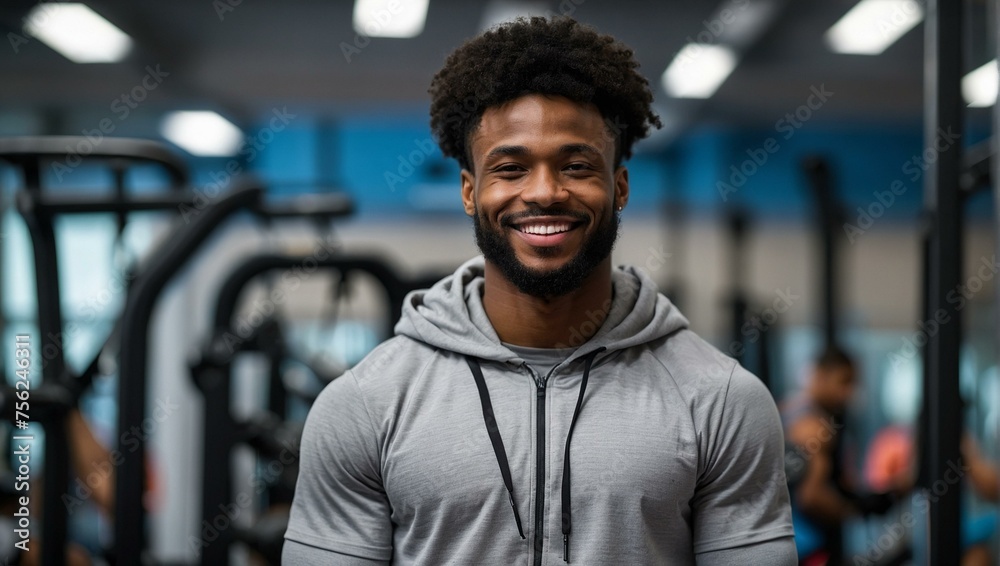 Smiling muscular man in a fitness center in gray sportswear, exuding confidence and wellbeing Smiling muscular man in a fitness center in gray sportswear, exuding confidence and wellbeing
