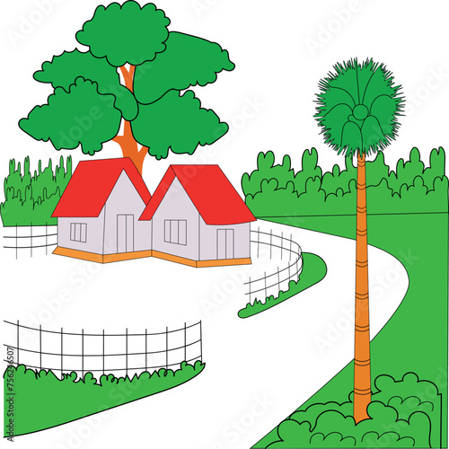 Village life with house and tree