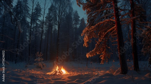 Winter night scene. A small, glowing campfire in the snowy forest provides a warm contrast to the cool, dark tones of the surrounding trees, creating a tranquil and secluded atmosphere.
