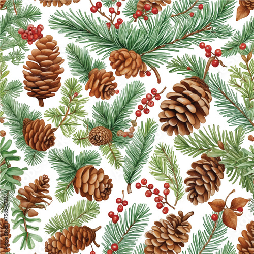 Vector fir pine tree branches and cones with red berries background template, white background christmas concept winter holiday