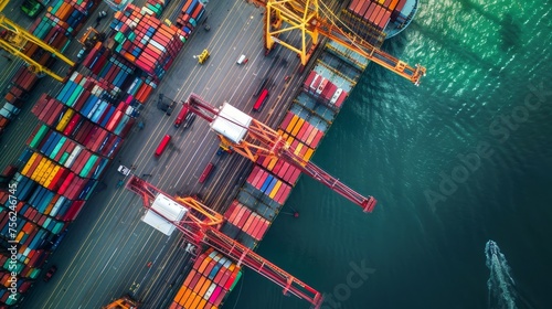 An aerial view shows the complex structure of a seaport with neatly stacked colorful containers, massive cranes and a loading cargo ship. Business logistics concept