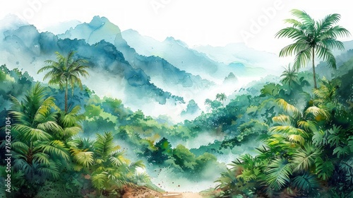 Watercolor Illustration of a Forest in the Rainy Season in the Jungle Generative AI © Alex