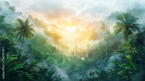 Watercolor Illustration of a Forest in the Rainy Season in the Jungle Generative AI © Alex