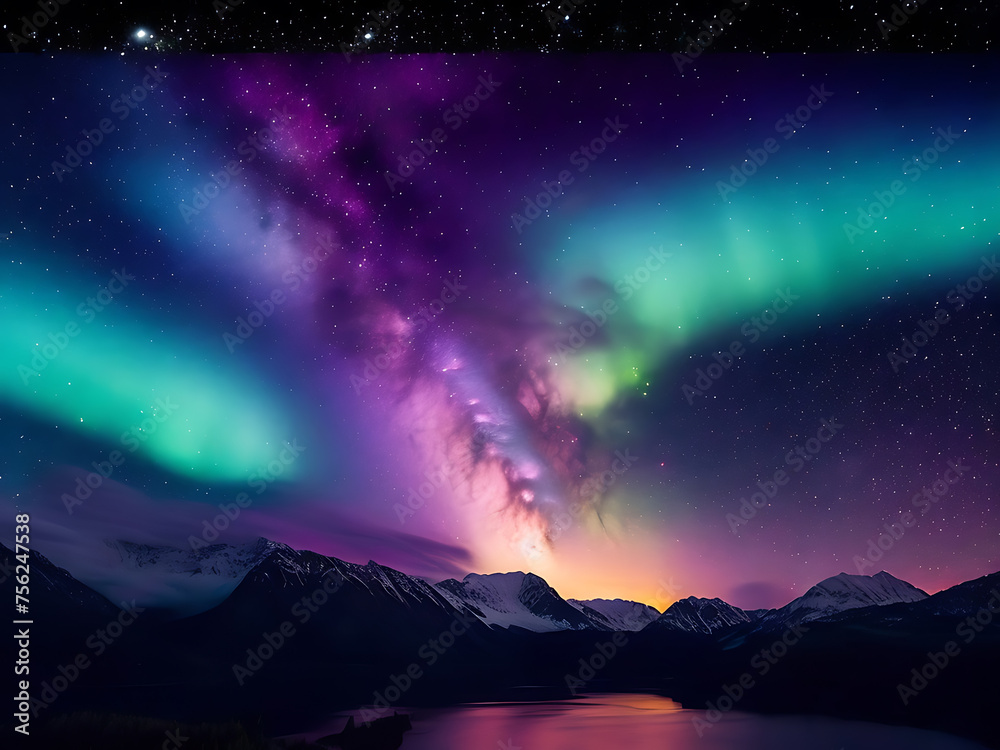 A mesmerizing night sky filled with stars, the Milky Way, and a shimmering aurora borealis.