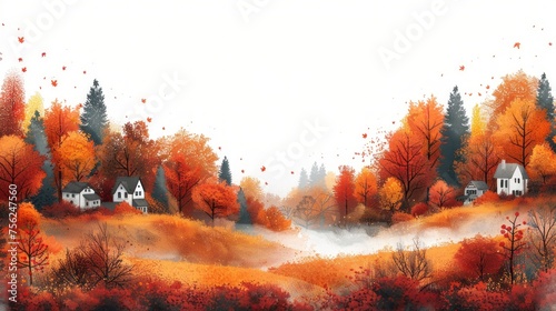 Autumn Houses and Trees Bask in Evening Light - October Landscape Generative AI