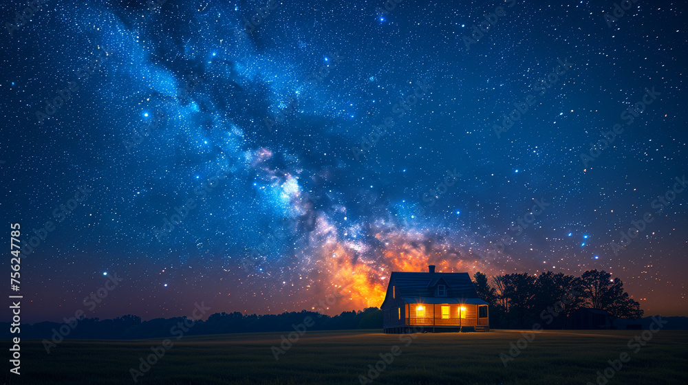 An idyllic countryside landscape is brought to life at night by the warm glow of a farmhouse under a vast, star filled galaxy.