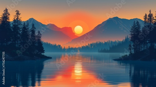 Sunset Illustration with River and Mountains Generative AI