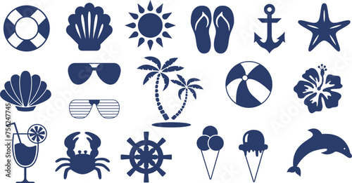 Summer Silhouettes. Summer shapes and Elements. Vector summer shapes. Ice-cream, Seashells, palms, Beach, The sun.
