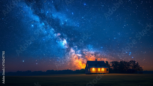 An idyllic countryside landscape is brought to life at night by the warm glow of a farmhouse under a vast, star filled galaxy.