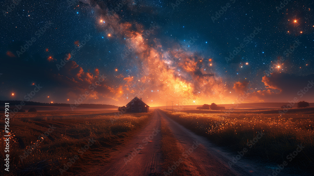 An idyllic countryside landscape is brought to life at night by the warm glow of a farmhouse under a vast, star filled galaxy. - obrazy, fototapety, plakaty 